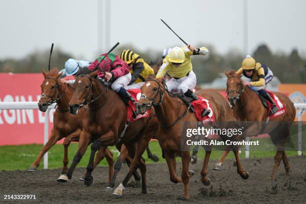 William Buick riding Adelaise win The Virgin Bet Daily Price Boosts Snowdrop Fillies' Stakes at Kempton Park Racecourse on April 06, 2024 in Sunbury,...