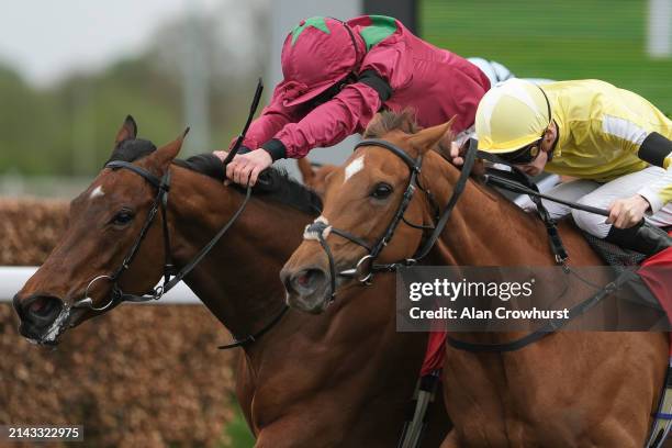 William Buick riding Adelaise win The Virgin Bet Daily Price Boosts Snowdrop Fillies' Stakes at Kempton Park Racecourse on April 06, 2024 in Sunbury,...