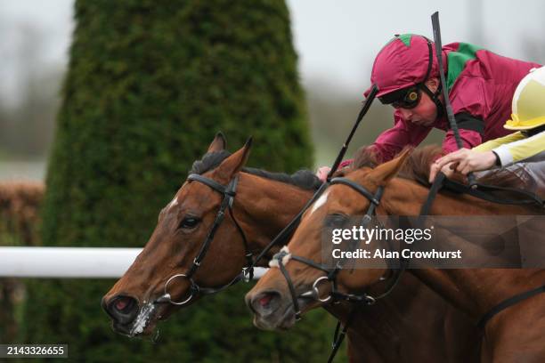 William Buick riding Adelaise win The Virgin Bet Daily Price Boosts Snowdrop Fillies' Stakes at Kempton Park Racecourse on April 06, 2024 in Sunbury,...