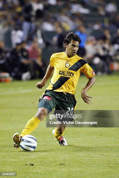 Carlos Ruiz of the Los Angeles Galaxy controls the ball down low on the right wing against the Dallas Burn in the second half of their MLS game on...