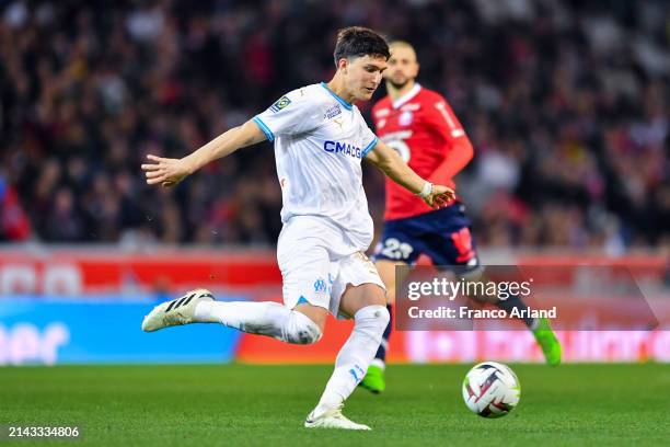 Leonardo Balerdi of Olympique de Marseille kicks the ball during the Ligue 1 Uber Eats match between Lille OSC and Olympique de Marseille at Stade...