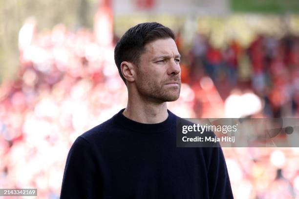 Xabi Alonso, Head Coach of Bayer Leverkusen, looks on prior to the Bundesliga match between 1. FC Union Berlin and Bayer 04 Leverkusen at An der...