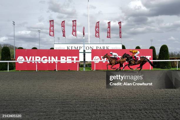 Neil Callan riding Cemhaan win The Virgin Bet Every Saturday Money Back Rosebery Handicap at Kempton Park Racecourse on April 06, 2024 in Sunbury,...