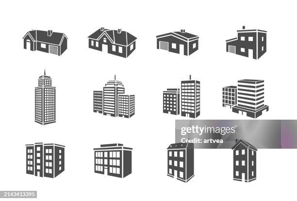 gebäude-icon-set im 3d-stil - stereoskopische photographie stock-grafiken, -clipart, -cartoons und -symbole