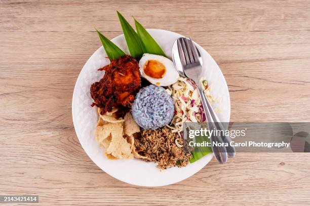 high angle view of nasi kerabu blue colored rice with ayam goreng berempah and salted egg - clitoria fotografías e imágenes de stock