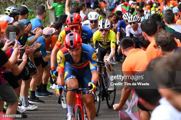 Andrea Bagioli of Italy, Tao Geoghegan Hart of The United Kingdom and Mattias Skjelmose of Denmark and Team Lidl - Trek - Yellow Leader Jersey lead...