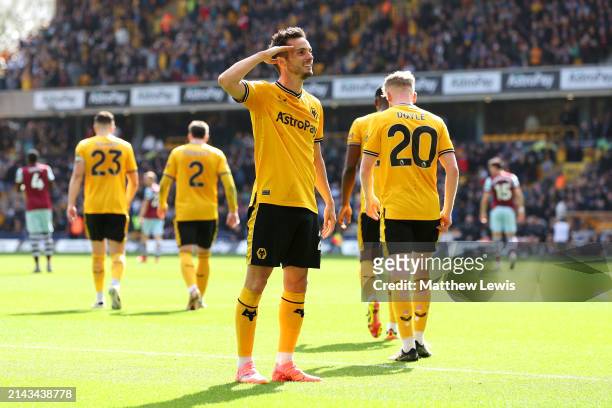 Pablo Sarabia of Wolverhampton Wanderers celebrates scoring his team's first goal from a penalty kick during the Premier League match between...