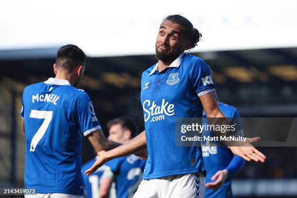 Dominic Calvert-Lewin of Everton celebrates scoring his team's first goal during the Premier League match between Everton FC and Burnley FC at...