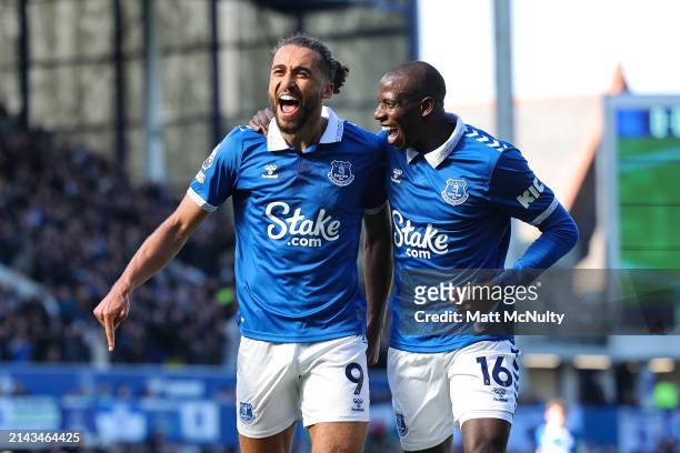 Dominic Calvert-Lewin of Everton celebrates scoring his team's first goal with teammate Abdoulaye Doucoure during the Premier League match between...