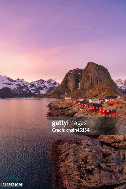 hamnøy village in lofoten island in the morning light during autumn. travel destination in norway. - moskenesoya stock pictures, royalty-free photos & images