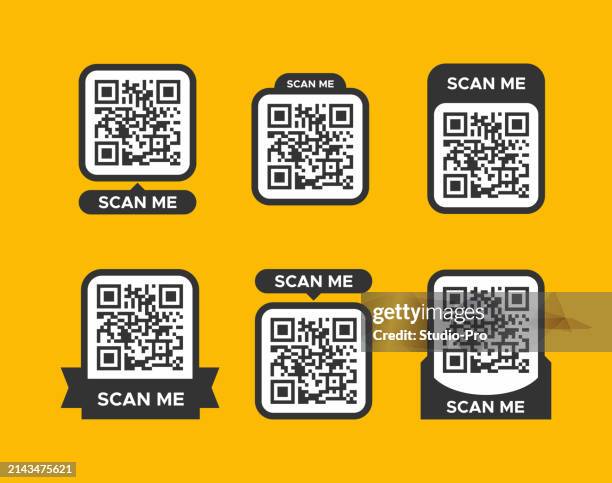 qr code scan me for smartphone icon set - scan barcode stock illustrations