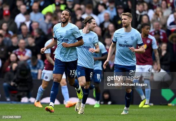 Mathias Zanka Jorgensen (L of Brentford celebrates scoring his team's first goal during the Premier League match between Aston Villa and Brentford FC...