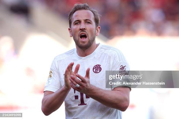 Harry Kane of Bayern Munich reacts during the Bundesliga match between 1. FC Heidenheim 1846 and FC Bayern München at Voith-Arena on April 06, 2024...