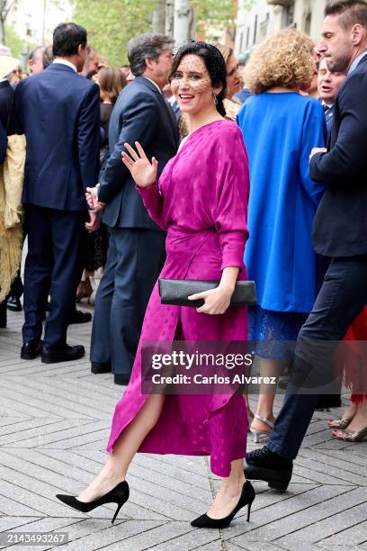 Madrid regional president Isabel Diaz Ayuso is seen arriving at the wedding of José Luis Martínez Almeida, major of Madrid, and Teresa Urquijo at the...