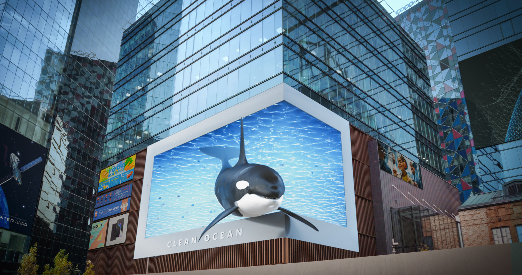Big City 3D Advertising Billboard with Orca. Creative Clean Ocean Commercial with an Orca in a Modern Urban District with Skyscrapers. Futuristic Ad Concept with Stylish Hyper Realistic Display Big City 3D Advertising Billboard with Orca. Creative Clean Ocean Commercial with an Orca in a Modern Urban District with Skyscrapers. Futuristic Ad Concept with Stylish Hyper Realistic Display