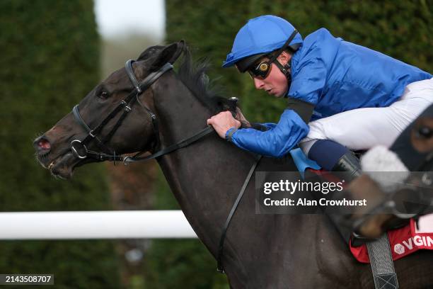 William Buick riding Devoted Queen win The Virgin Bet Daily Extra Places British EBF Fillies' Conditions Stakes at Kempton Park Racecourse on April...