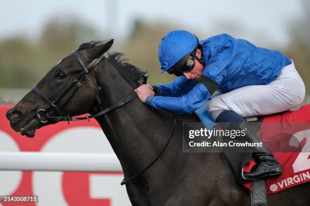 William Buick riding Devoted Queen win The Virgin Bet Daily Extra Places British EBF Fillies' Conditions Stakes at Kempton Park Racecourse on April...