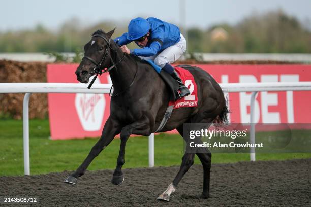 William Buick riding Devoted Queen win The Virgin Bet Daily Extra Places British EBF Fillies' Conditions Stakes at Kempton Park Racecourse on April...