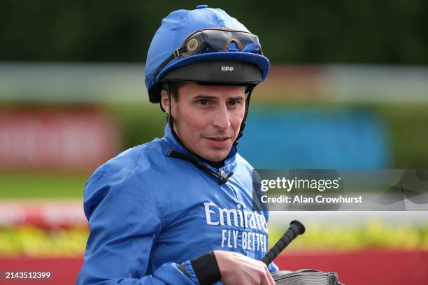 William Buick poses at Kempton Park Racecourse on April 06, 2024 in Sunbury, England.