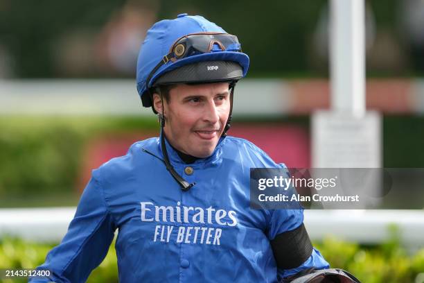 William Buick poses at Kempton Park Racecourse on April 06, 2024 in Sunbury, England.