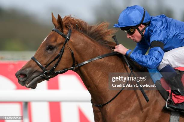 William Buick riding Notable Speech win The Virgin Bet Best Odds Daily British EBF Conditions Stakes at Kempton Park Racecourse on April 06, 2024 in...