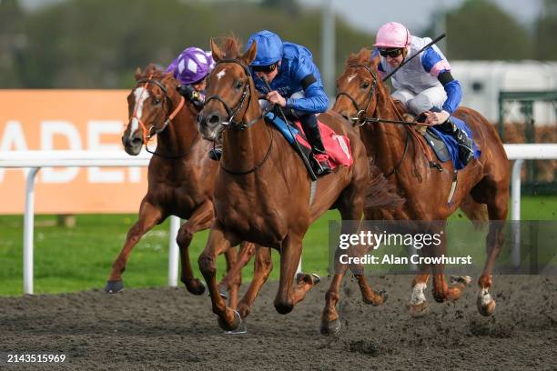 William Buick riding Notable Speech win The Virgin Bet Best Odds Daily British EBF Conditions Stakes at Kempton Park Racecourse on April 06, 2024 in...