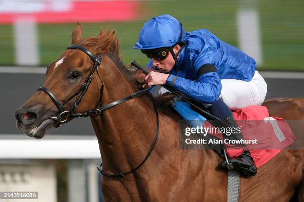 William Buick riding Notable Speech win The Virgin Bet Best Odds Daily British EBF Conditions Stakes at Kempton Park Racecourse on April 06, 2024 in...