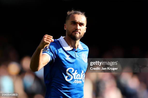 Dominic Calvert-Lewin of Everton celebrates following the team's victory in the Premier League match between Everton FC and Burnley FC at Goodison...