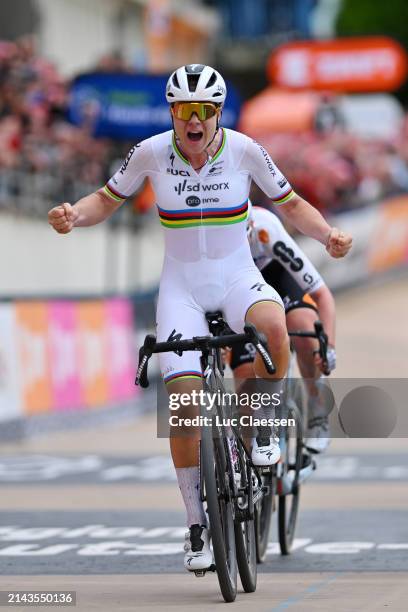 Lotte Kopecky of Belgium and Team SD Worx - Protime celebrates at finish line as race winner during the 4th Paris-Roubaix Femmes 2024 a 148.5km one...