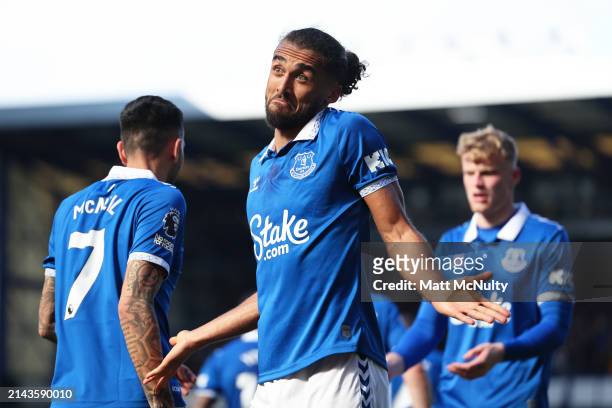 Dominic Calvert-Lewin of Everton celebrates scoring his team's first goal during the Premier League match between Everton FC and Burnley FC at...