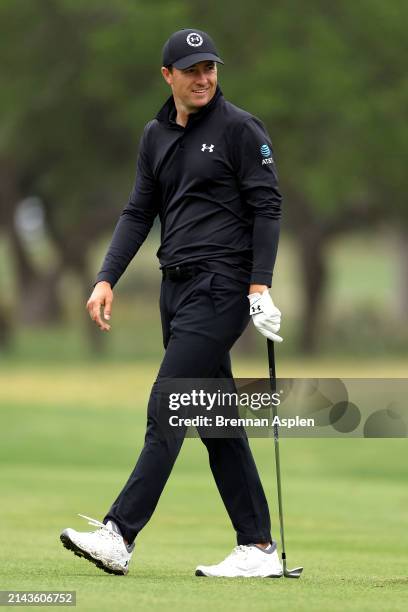 Jordan Spieth of the United States looks on during the third round of the Valero Texas Open at TPC San Antonio on April 06, 2024 in San Antonio,...