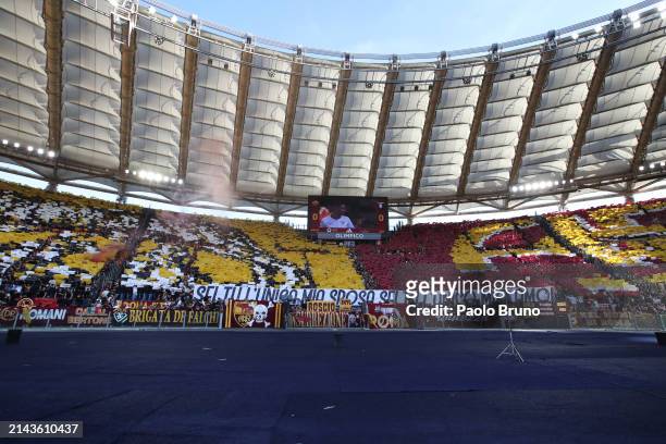 Roma fans during the Serie A TIM match between AS Roma and SS Lazio at Stadio Olimpico on April 06, 2024 in Rome, Italy.