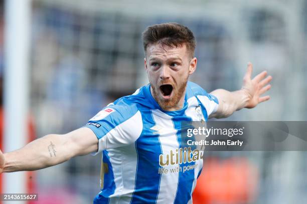 Rhys Healey of Huddersfield Town celebrates scoring the only goal in the final seconds during the Sky Bet Championship match between Huddersfield...