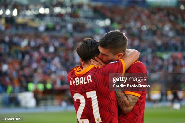 Gianluca Mancini of AS Roma celebrates with teammate Paulo Dybala after scoring the opening goal during the Serie A TIM match between AS Roma and SS...