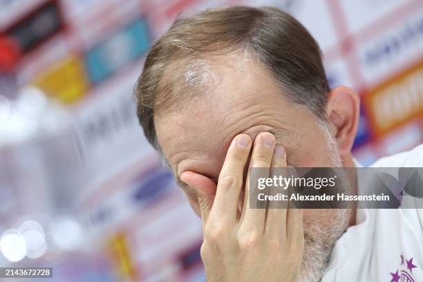 Thomas Tuchel, head coach of FC Bayern München reacts during a press conference after the Bundesliga match between 1. FC Heidenheim 1846 and FC...