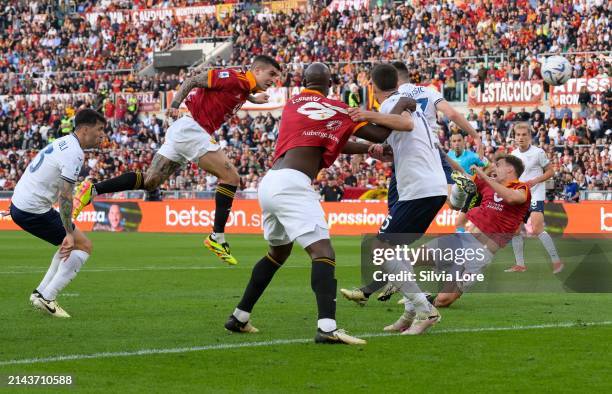 Gianluca Mancini of AS Roma scoring goal 1-0 during the Serie A TIM match between AS Roma and SS Lazio - Serie A TIM at Stadio Olimpico on April 06,...