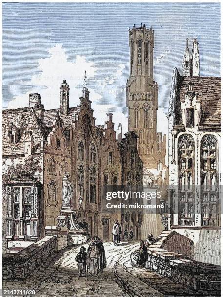 old engraved illustration of the belfry of bruges, a medieval bell tower in the centre of bruges, belgium (the belfry formerly housed a treasury and the municipal archives and served as an observation post for spotting fires and other dangers) - old national centre stock pictures, royalty-free photos & images