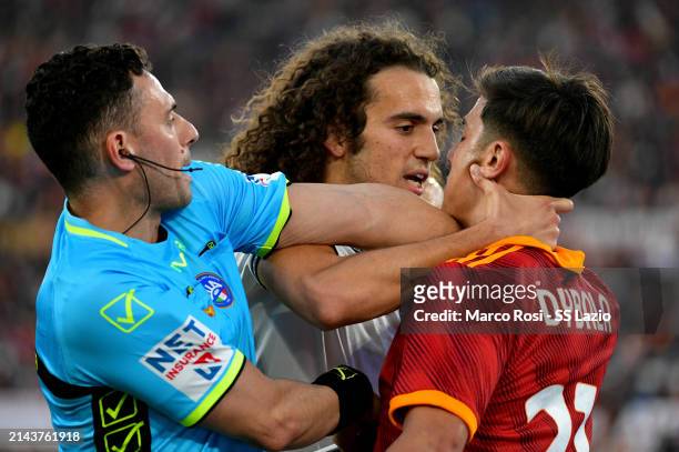 Matteo Guendouzi of SS Lazio and Paolo Dybala of AS Roma recats during the Serie A TIM match between AS Roma and SS Lazio - Serie A TIM at Stadio...