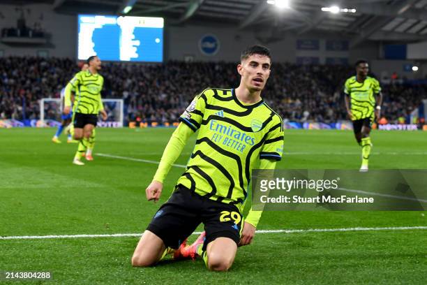 Kai Havertz of Arsenal celebrates scoring his team's second goal during the Premier League match between Brighton & Hove Albion and Arsenal FC at...