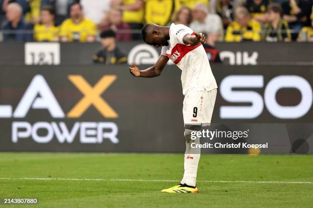 Sehrou Guirassy of VfB Stuttgart celebrates scoring his team's first goal during the Bundesliga match between Borussia Dortmund and VfB Stuttgart at...