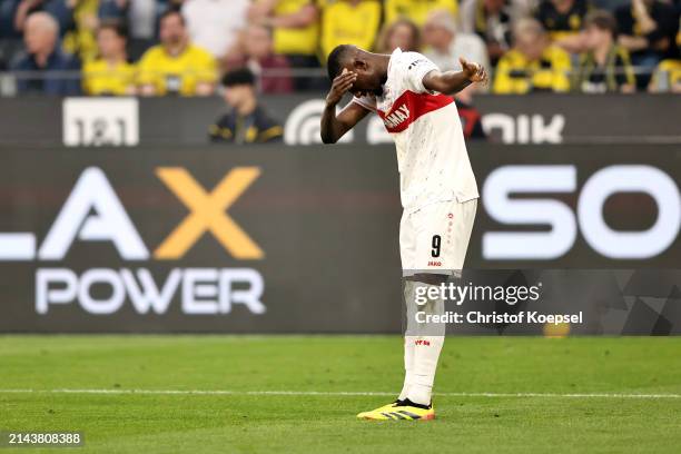 Sehrou Guirassy of VfB Stuttgart celebrates scoring his team's first goal during the Bundesliga match between Borussia Dortmund and VfB Stuttgart at...