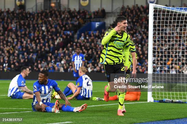 Kai Havertz of Arsenal celebrates scoring his team's second goal during the Premier League match between Brighton & Hove Albion and Arsenal FC at...