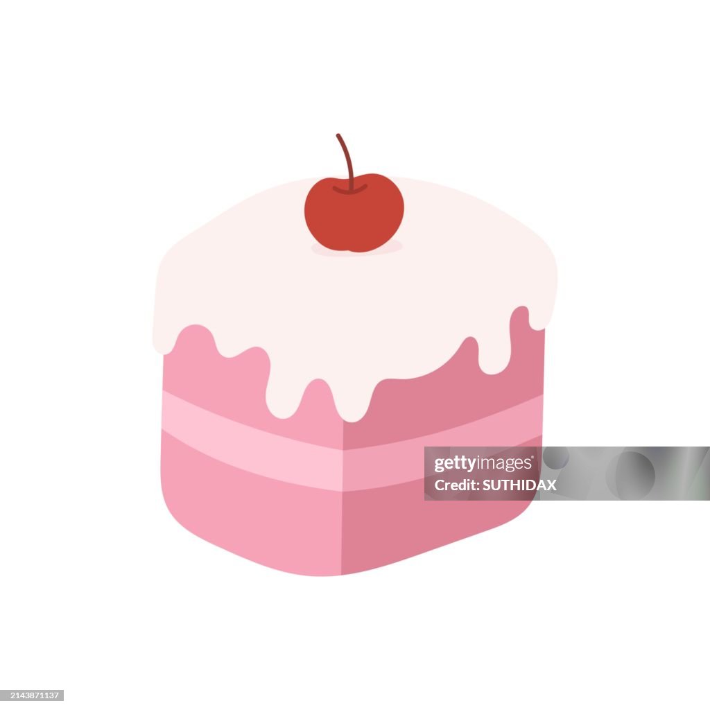 Illustration of a pink small cake decorated with cherries
