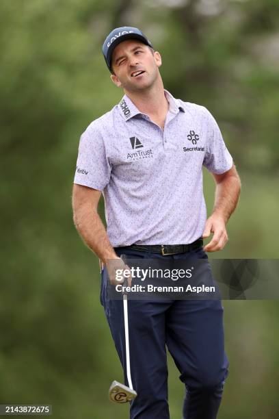 Denny McCarthy of the United States reacts after playing his putt shot on the 5th hole during the third round of the Valero Texas Open at TPC San...