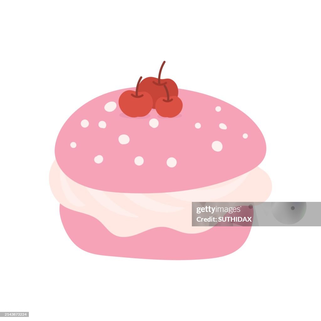 Illustration eines rosa Burgerbrötchens und mit Kirschen dekoriert