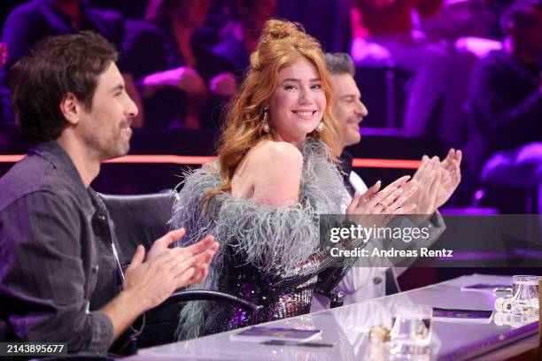 Palina Rojinski is seen on stage during the first showing of Season 10 of "The Masked Singer" at MMC Studios on April 06, 2024 in Cologne, Germany.