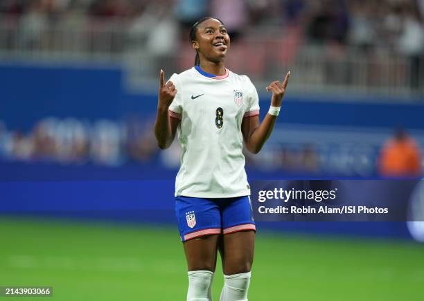 Jaedyn Shaw of the United States celebrates after scoring a goal during the SheBelieves Cup game between Japan and USWNT at Mercedes-Benz Stadium on...