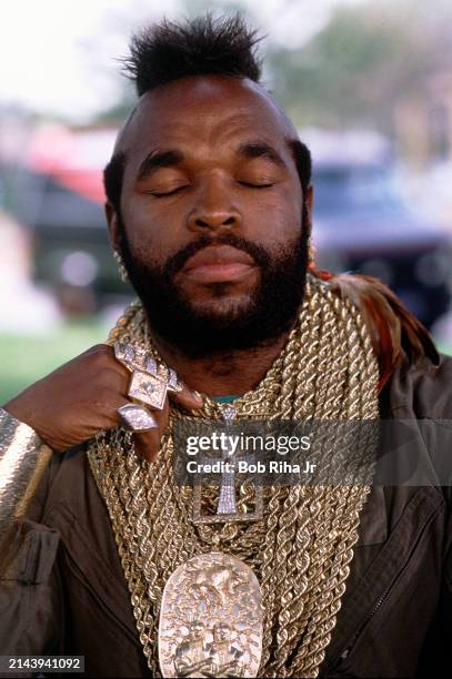 Actor Mr T co-stars in the television show 'The A-Team’ filming on location, October 4, 1984 in Los Angeles, California.