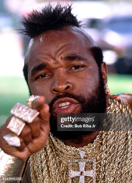 Actor Mr T co-stars in the television show 'The A-Team’ filming on location, October 4, 1984 in Los Angeles, California.