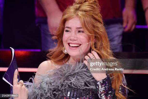 Palina Rojinski is seen on stage during the first showing of Season 10 of "The Masked Singer" at MMC Studios on April 06, 2024 in Cologne, Germany.